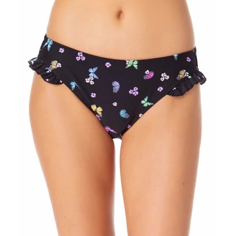 New California Waves Women XS High Leg Ruffle Bikini Bottoms Black Butterfly T